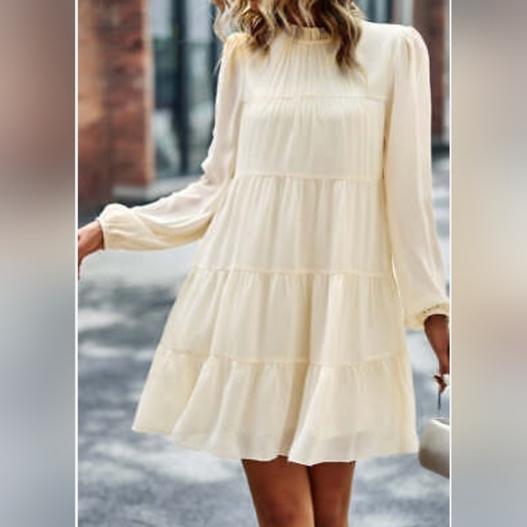 Cream Sheer Long Sleeve Ruffle Mick Neck Tiered Dress Size Small - Picture 1 of 12